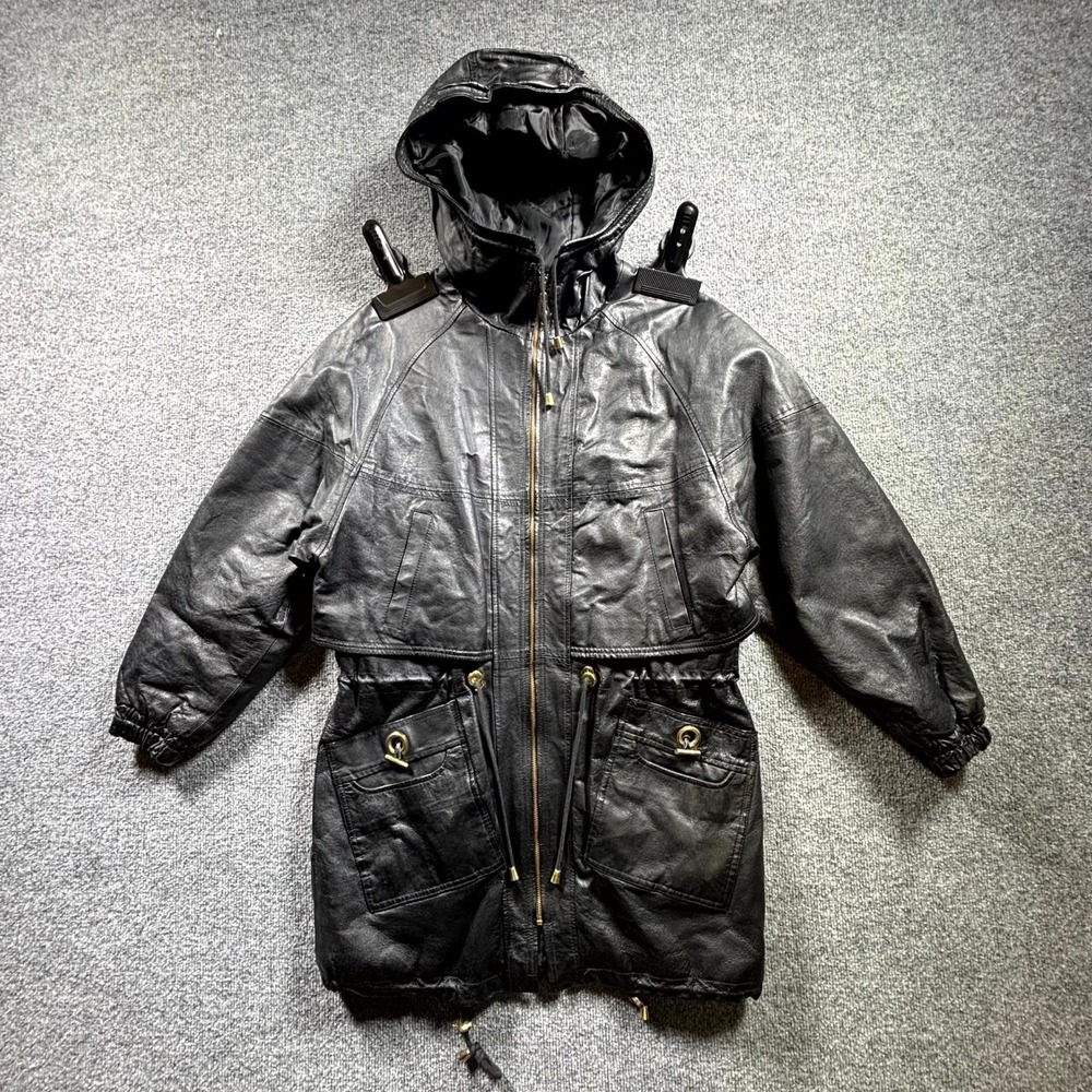 Vintage Comint Jacket Women's Small Black Genuine Leather Hooded Utility Parka